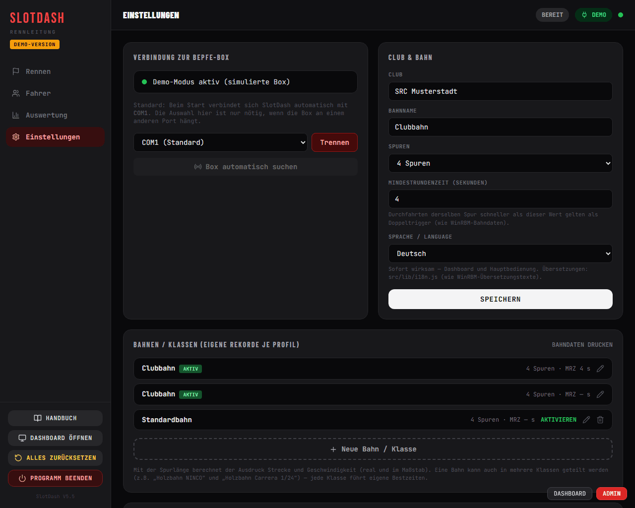 Dirección de carrera de SlotDash: ajustes con conexión a la centralita Bepfe, club y pista y pistas/categorías