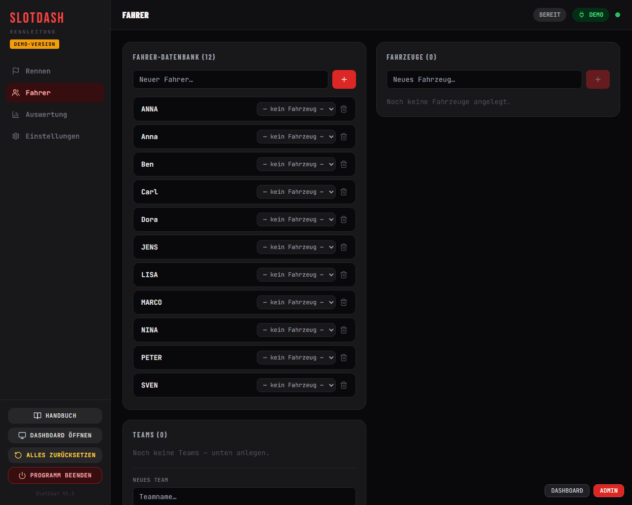 Dirección de carrera de SlotDash: base de datos de pilotos con doce pilotos, vehículos y equipos