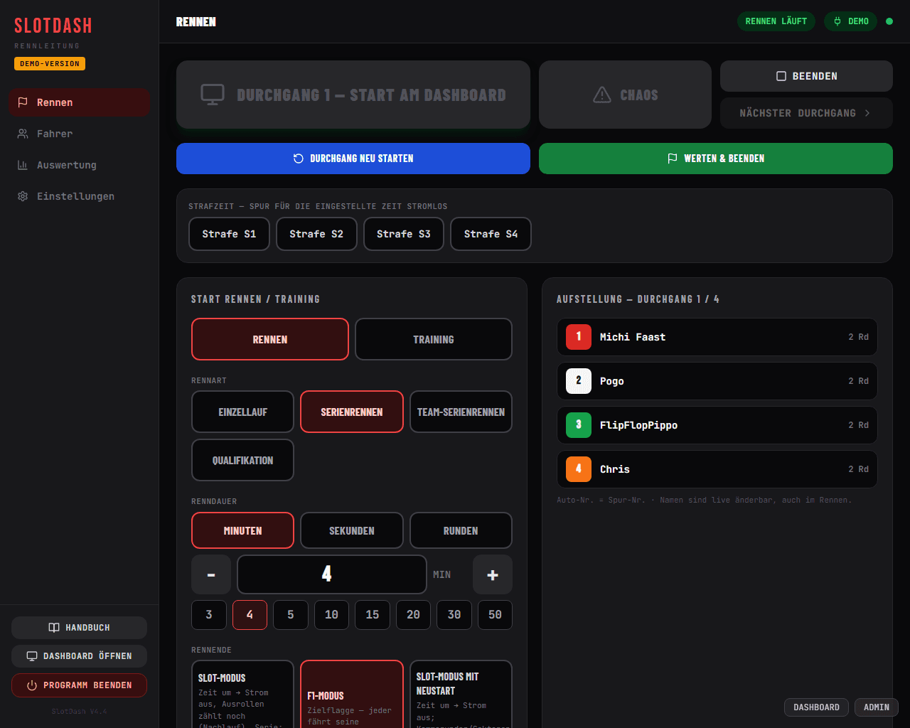Dirección de carrera de SlotDash: cockpit con una carrera por series en curso, botones de penalización y alineación